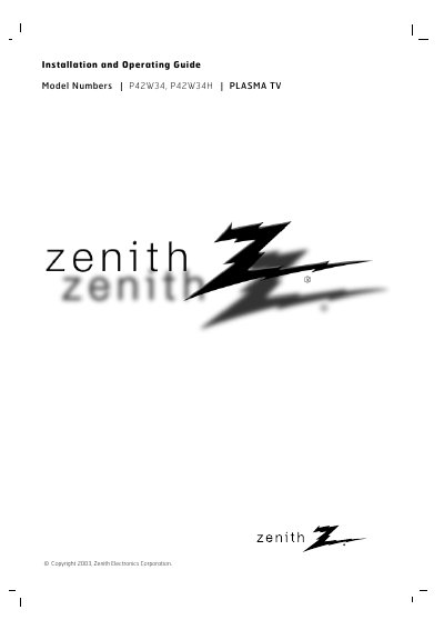 Zenith P42W34/P42W34H Plasma TV Installation and Operating Guide - cover page