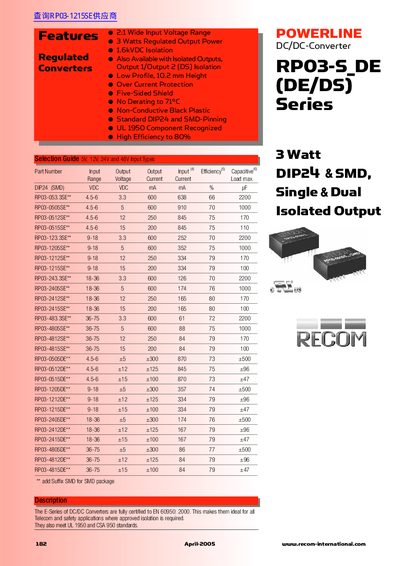 Recom RP03-S_DE Series DC/DC Converter Datasheet - cover page