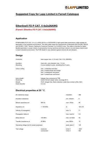Lapp Etherline FD P CAT. 5 4x2x26AWG Datasheet - cover page