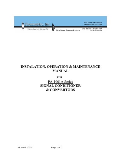 PA-1001A Signal Conditioner & Converter Installation, Operation & Maintenance Manual - cover page
