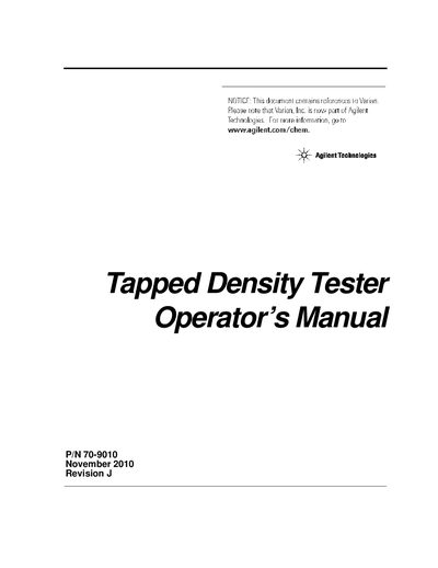 Agilent Tapped Density Tester 70-9010 Operator's Manual - cover page
