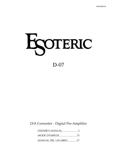 Esoteric D-07 D/A Converter Owner's Manual - cover page
