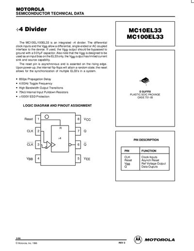 Motorola MC10EL33/MC100EL33 +4 Divider Datasheet - cover page