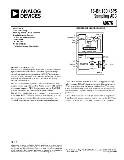 Analog Devices AD676 16‑Bit 100 kSPS Sampling ADC Datasheet - cover page