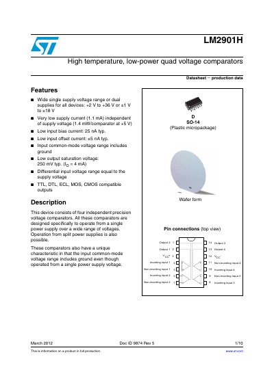 STMicroelectronics LM2901H Quad Voltage Comparator Datasheet