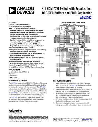 Analog Devices ADV3002 HDMI/DVI Switch Datasheet - cover page