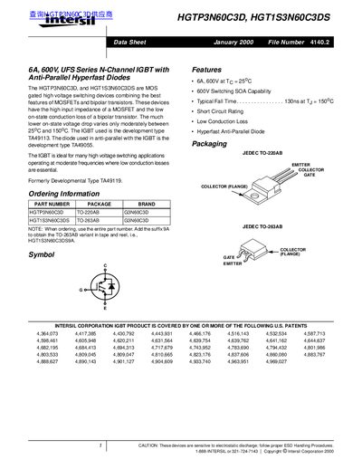 Intersil HGTP3N60C3D/HGT1S3N60C3DS Data Sheet - cover page