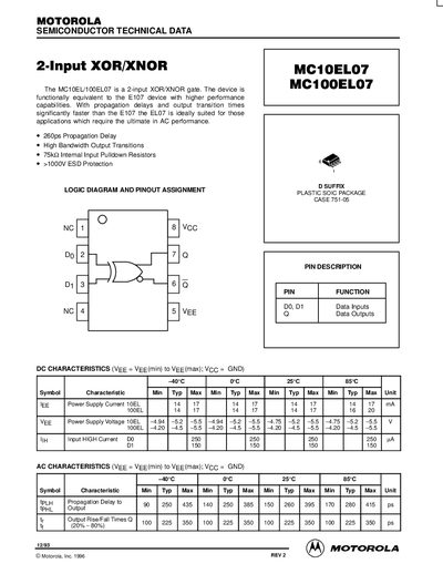 Motorola MC10EL07/MC100EL07 2-Input XOR/XNOR Gate Datasheet - cover page