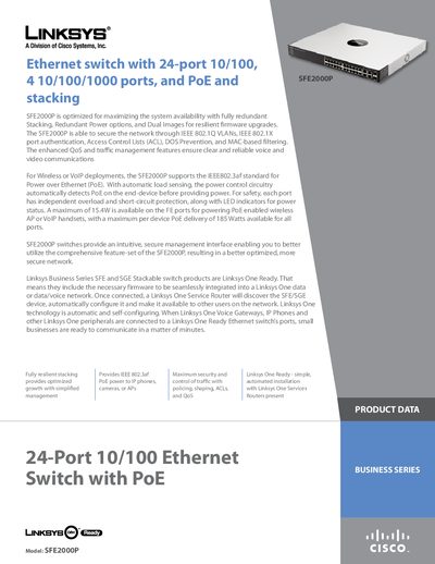Linksys SFE2000P 24-Port 10/100 Ethernet Switch with PoE Product Data - cover page