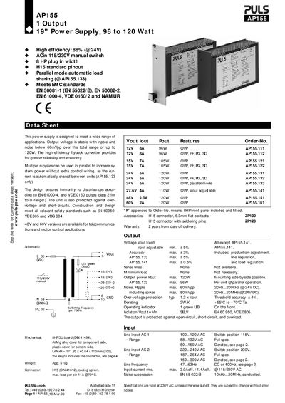 PULS AP155 1 Output 19" Power Supply 96 to 120 Watt Manual