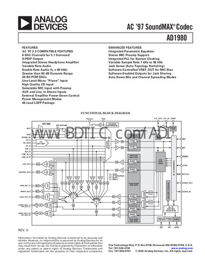 Analog Devices AD1980 Codec Datasheet - cover page