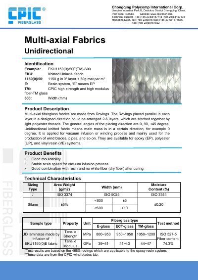 CPIC EKU1150(0)/50E(TM)-600 Multi-axial Fiberglass Fabrics Technical Data Sheet