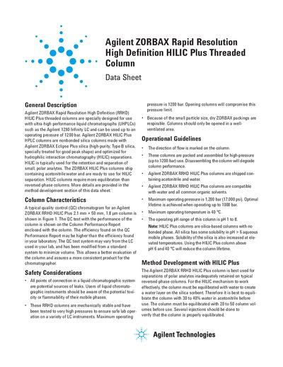 Agilent ZORBAX RRHD HILIC Plus Threaded Column Data Sheet - cover page