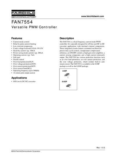 Fairchild FAN7554 Versatile PWM Controller Datasheet - cover page
