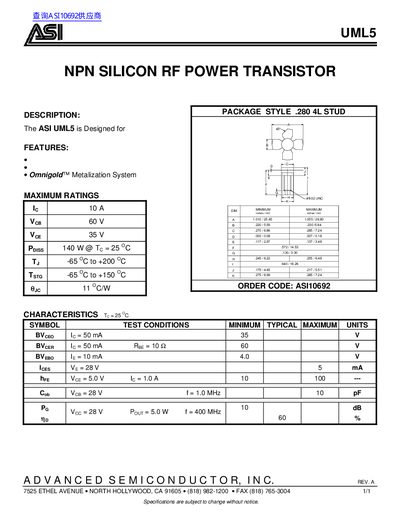 ASI UML5 NPN Silicon RF Power Transistor Datasheet - cover page