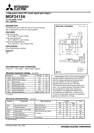 Mitsubishi Electric MGF2415A Datasheet - cover page