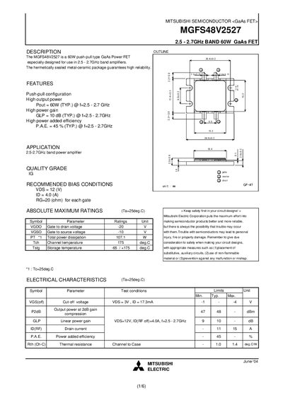 Mitsubishi Electric MGFS48V2527 GaAs FET Datasheet - cover page