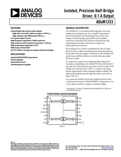 Analog Devices ADuM1233 Isolated Half-Bridge Driver Datasheet