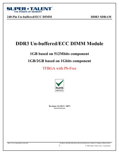Super Talent 240-Pin Un-buffered/ECC DIMM DDR3 SDRAM Datasheet
