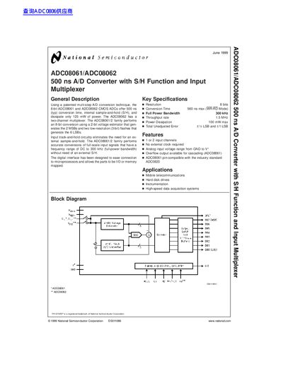 National Semiconductor ADC08061/ADC08062 500 ns A/D Converter Datasheet - cover page