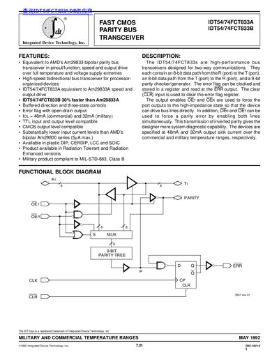 idt IDT54/74FCT833A IDT54/74FCT833B FAST CMOS PARITY BUS TRANSCEIVER - cover page