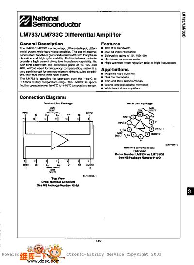 National Semiconductor LM733/LM733C Differential Amplifier Datasheet - cover page