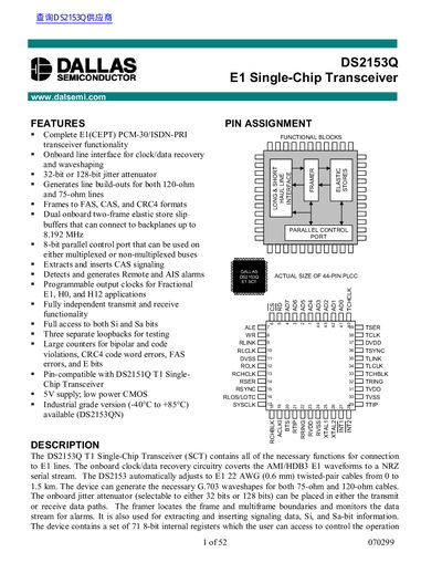 Dallas Semiconductor DS2153Q E1 Single-Chip Transceiver Datasheet - cover page