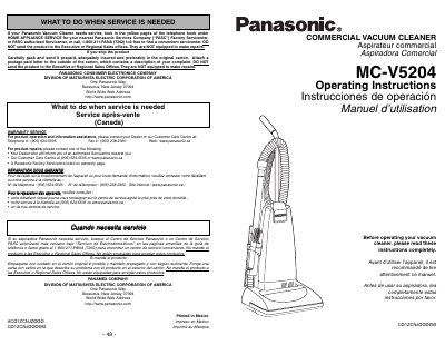 Panasonic MC-V5204 Commercial Vacuum Cleaner Operating Instructions - cover page
