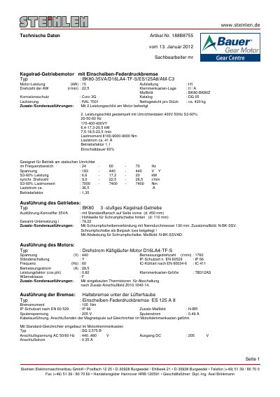 Steinlen BK80-35VA/D16LA4-TF-S/ES125A8/AM-C3 Gear Motor Technical Data - cover page