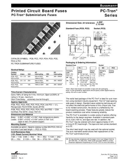 Bussmann PC-Tron Series Printed Circuit Board Fuses Datasheet - cover page