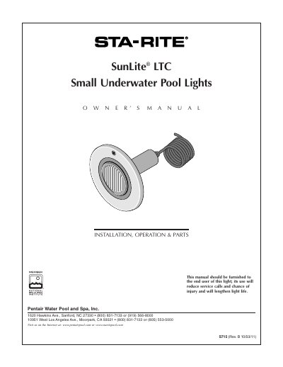 Sta-Rite SunLite LTC Small Underwater Pool Lights Owner's Manual - cover page