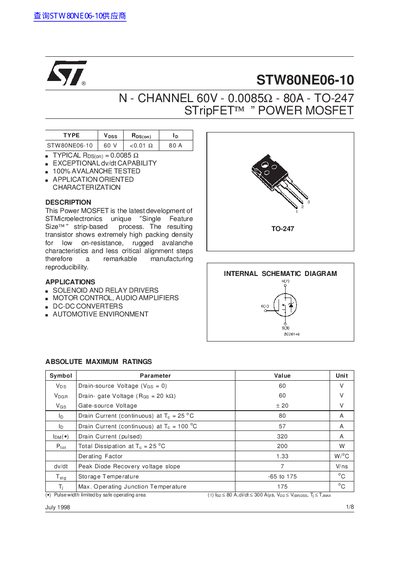 ST STW80NE06-10 N - CHANNEL 60V - 0.0085 - 80A - TO-247 STripFET POWER MOSFET handbook - cover page