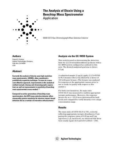 Agilent 6890/5973 GC/MSD Dioxin Analysis Application Note - cover page