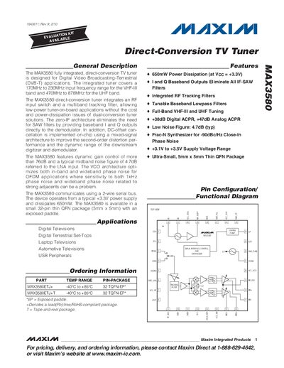 Maxim MAX3580 Direct-Conversion TV Tuner Datasheet