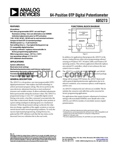 Analog Devices AD5273 Digital Potentiometer Datasheet - cover page