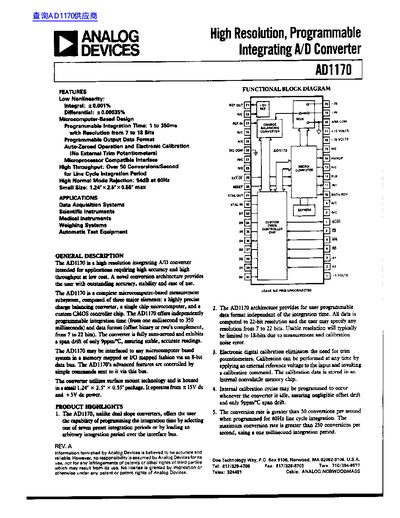 Analog Devices AD1170 High Resolution A/D Converter Datasheet - cover page