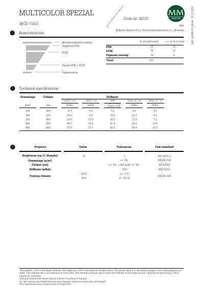Mill Kolicevo Karton MCS / GD3 Multicolor Spezial Cartonboard Data Sheet