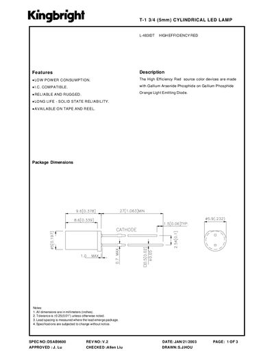 KINGBRIGHT L-483IDT HIGH EFFICIENCY RED T-1 3/4 (5mm) CYLINDRICAL LED LAMP  - cover page