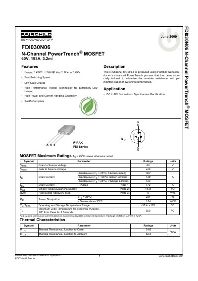 Fairchild FDI030N06 N-Channel PowerTrench MOSFET Datasheet - cover page