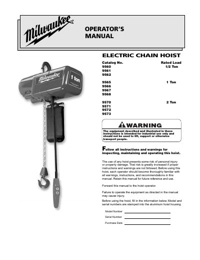 Milwaukee Electric Chain Hoist Models 9560-9573 User Manual