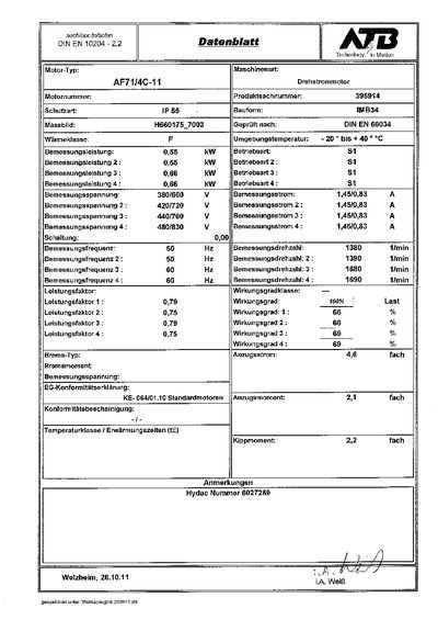 ATB AF71/4C-11 Three-Phase Motor Data Sheet - cover page