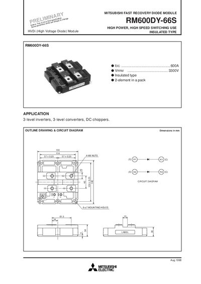 Mitsubishi Electric RM600DY-66S Fast Recovery Diode Module Datasheet - cover page