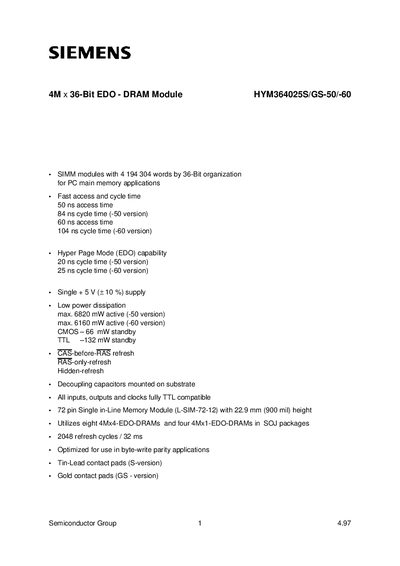 Siemens HYM364025S/GS-50/-60 4M x 36-Bit EDO DRAM Module Datasheet - cover page