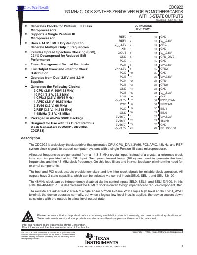 TEXAS INSTRUMENTS CDC922 133-MHz CLOCK SYNTHESIZER/DRIVER FOR PC MOTHERBOARDS WITH 3-STATE OUTPUTS handbook - cover page