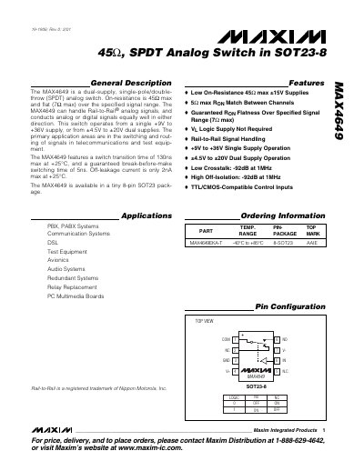 MAXIM MAX4649 45 SPDT Analog Switch in SOT23-8handbook - cover page
