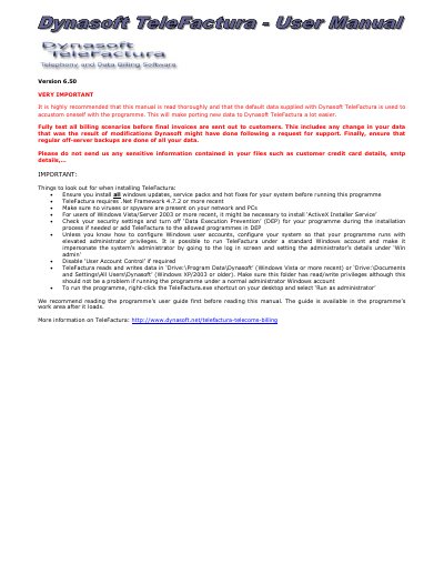 Dynasoft TeleFactura Version 6.50 User Manual - cover page