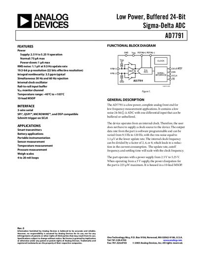 Analog Devices AD7791 24‑Bit Sigma‑Delta ADC Datasheet - cover page