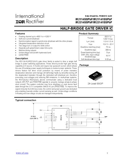 INTERNATIONAL RECTIFIER Data Sheet No. PD60213 revH IR2114SSPbF/IR21141SSPbF IR2214SSPbF/IR22141SSPbF