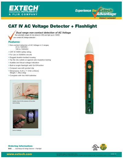 EXTECH DV25 CAT IV AC Voltage Detector + Flashlight Product Datasheet - cover page