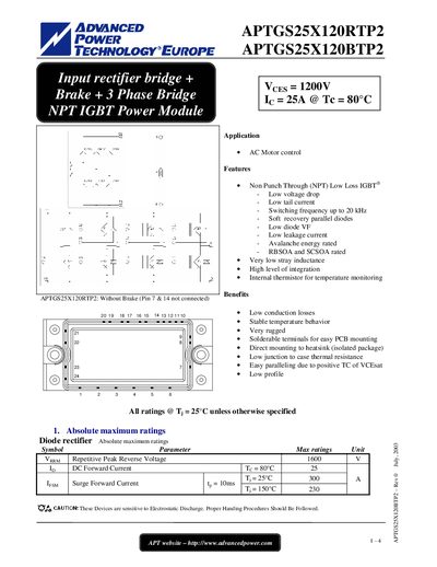 ADVANCED APTGS25X120RTP2 APTGS25X120BTP2 Data Sheet - cover page